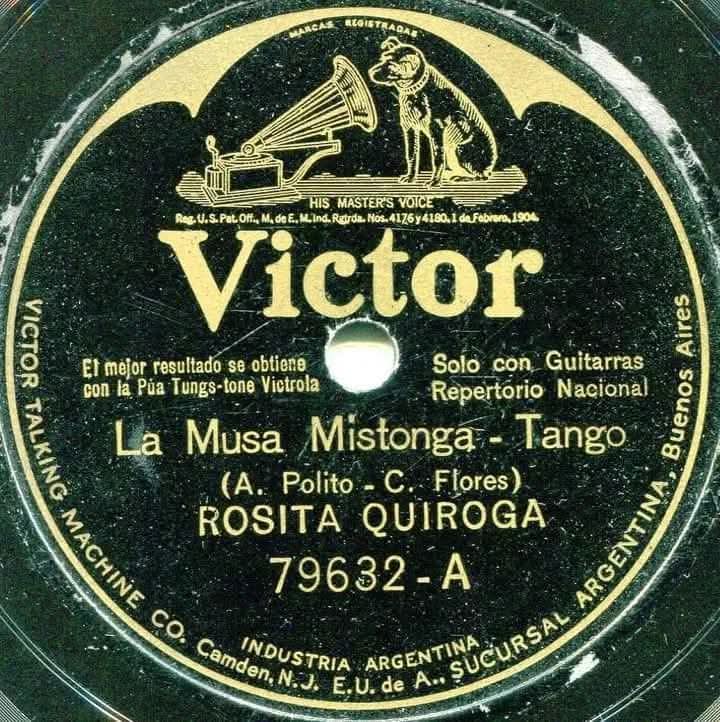 Celedonio Esteban Flores · Rosita Quiroga · Antonio Polito — En Argentina le toca a Rosita Quiroga ser la primera cancionista que graba un disco con micrófono (proceso eléctrico). Fue el 1 de marzo de 1926 para la compañía Victor con el tango de Antonio Polito y Celedonio Flores, "La musa mistonga", disco 79632.
BRUNO CESPI y HÉCTOR LUCCI