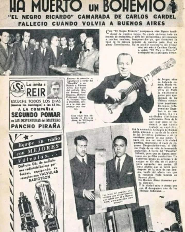 Con el dúo de cantores Gardel-Razzano y reforzando el instrumental, toca José Ricardo, que hace primores sobre las cuerdas de su guitarra.
Diario LA RAZÓN del 22 de noviembre de 1920