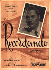 Tapa de la partitura del tango 'Recordando' con retrato de Aníbal Troilo