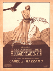 Partitura 'A la memoria de J. Newbery' interpretada por Gardel-Razzano, con retrato de Carlos Gardel