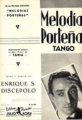 Partitura del tango 'Melodía Porteña' con retrato de Enrique Santos Discépolo