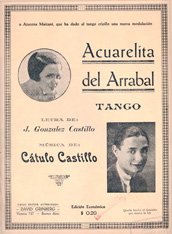 Partitura del tango 'Acuarelita del Arrabal' con retrato de Cátulo Castillo