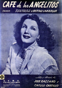 Tapa de la partitura del tango 'Café de los Angelitos' de José Razzano y Cátulo Castillo, con retrato de intérprete femenina