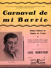 Tapa de la partitura 'Carnaval de mi Barrio' con retrato de Luis Rubistein