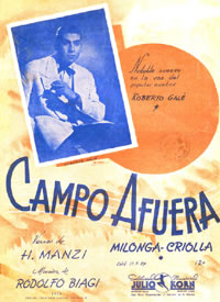 Partitura del tango 'Campo Afuera' con retrato de Rodolfo Biagi en portada