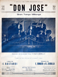 Tapa de la partitura del tango 'Don José' con fotografía de la orquesta
